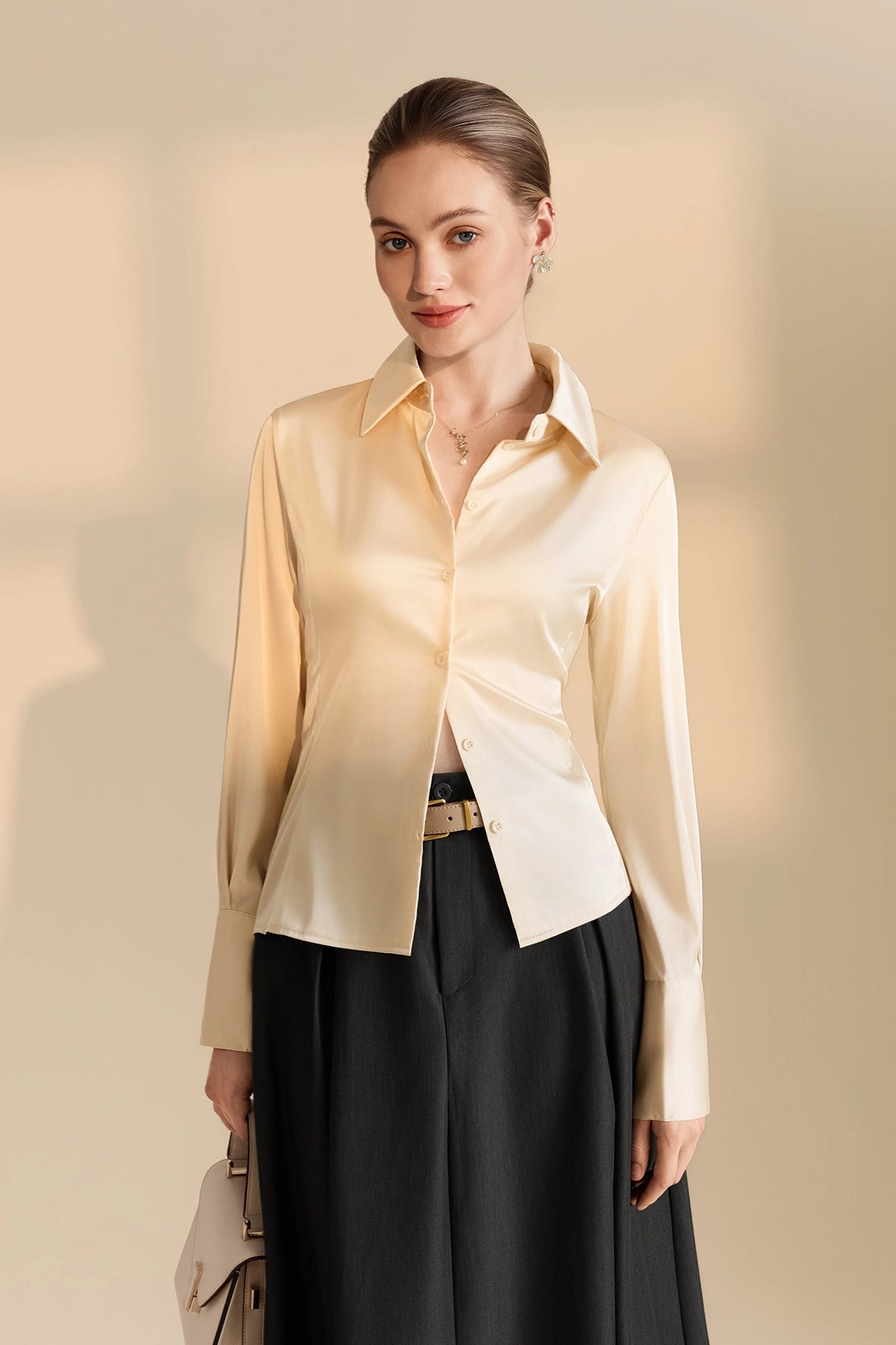 Womens Champagne Satin Button Down Shirt | CicyBell