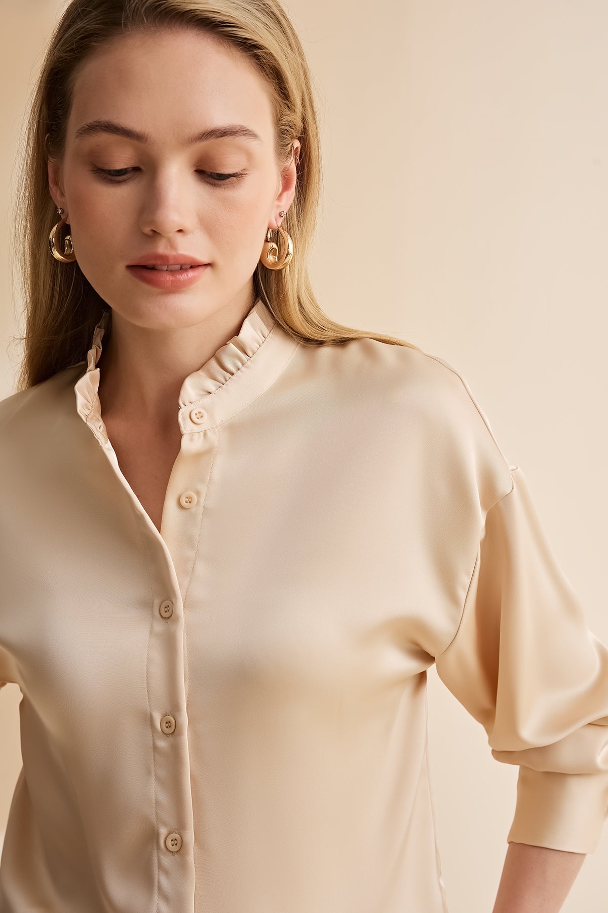Womens Champagne Ruffle Collar Satin Blouses | CicyBell