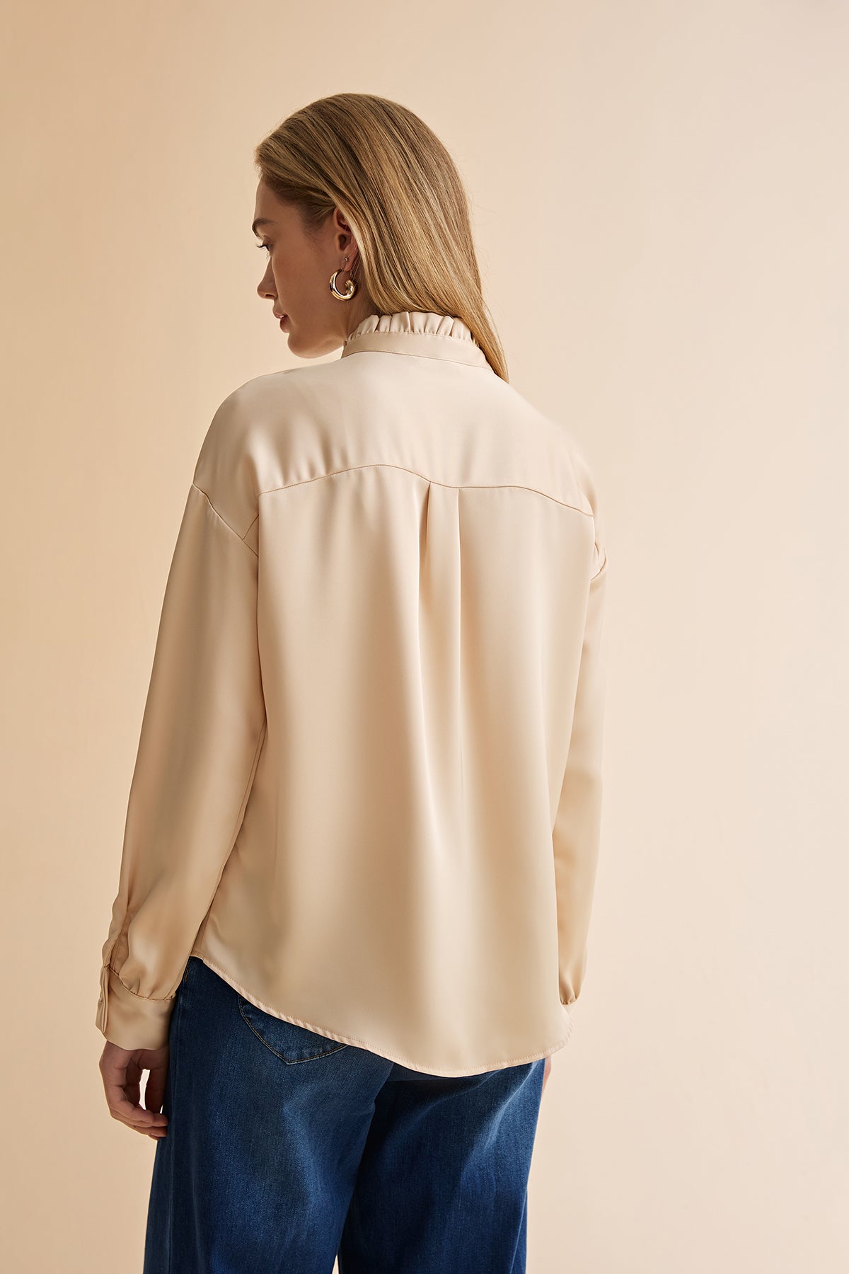 Womens Champagne Ruffle Collar Satin Blouses | CicyBell