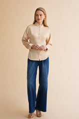 Womens Champagne Ruffle Collar Satin Blouses | CicyBell