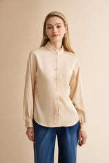 Womens Champagne Ruffle Collar Satin Blouses | CicyBell