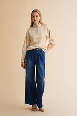 Womens Champagne Ruffle Collar Satin Blouses | CicyBell