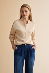 Womens Champagne Ruffle Collar Satin Blouses | CicyBell