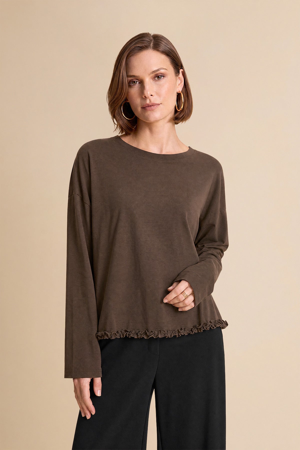 Womens Coffee Oversized Ruffle Hem Tops | CicyBell