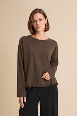 Womens Coffee Oversized Ruffle Hem Tops | CicyBell