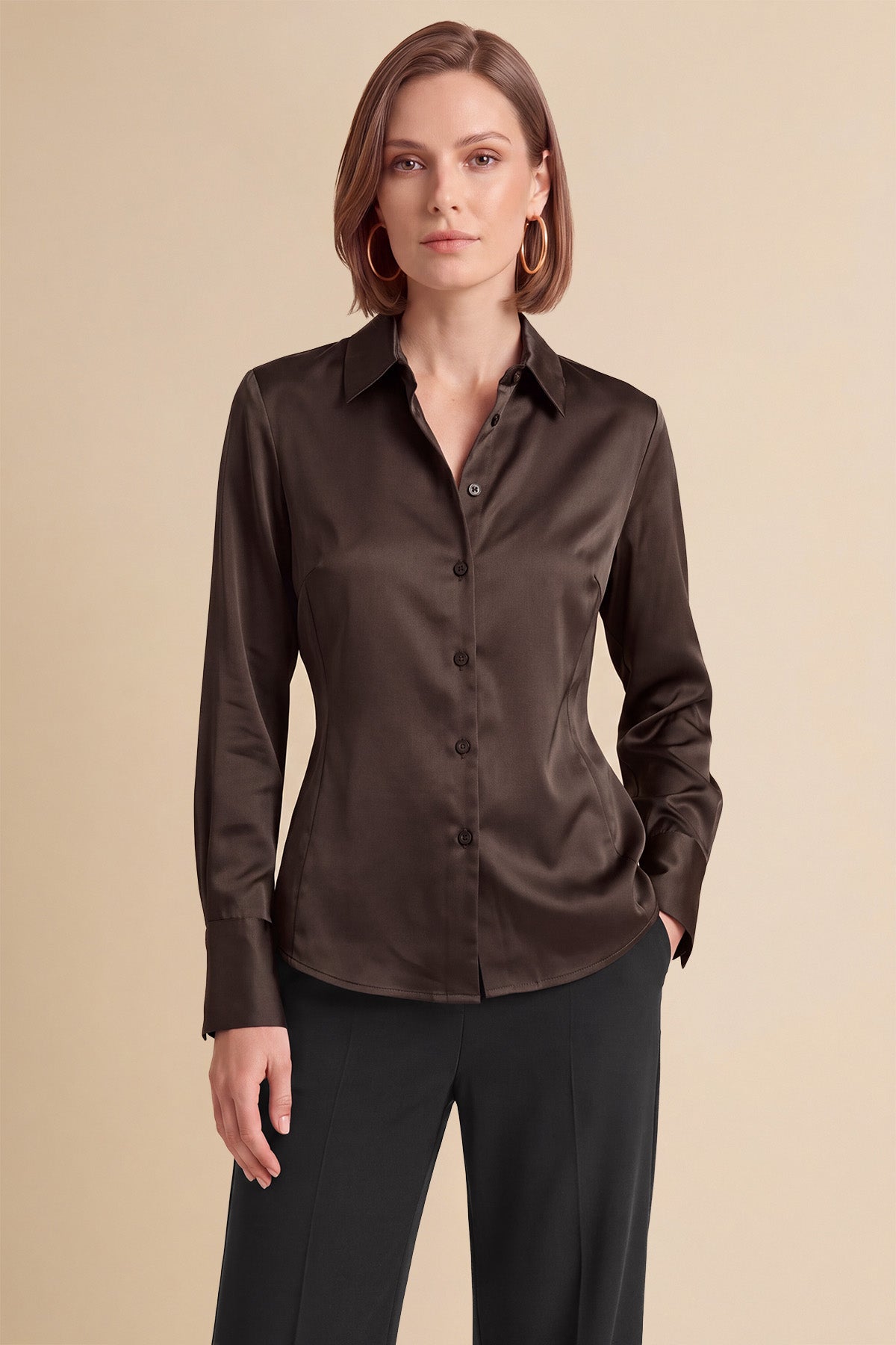 Womens Coffee Satin Button Down Shirt | CicyBell