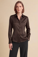 Womens Coffee Satin Button Down Shirt | CicyBell