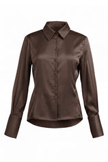 Womens Coffee Satin Button Down Shirt | CicyBell