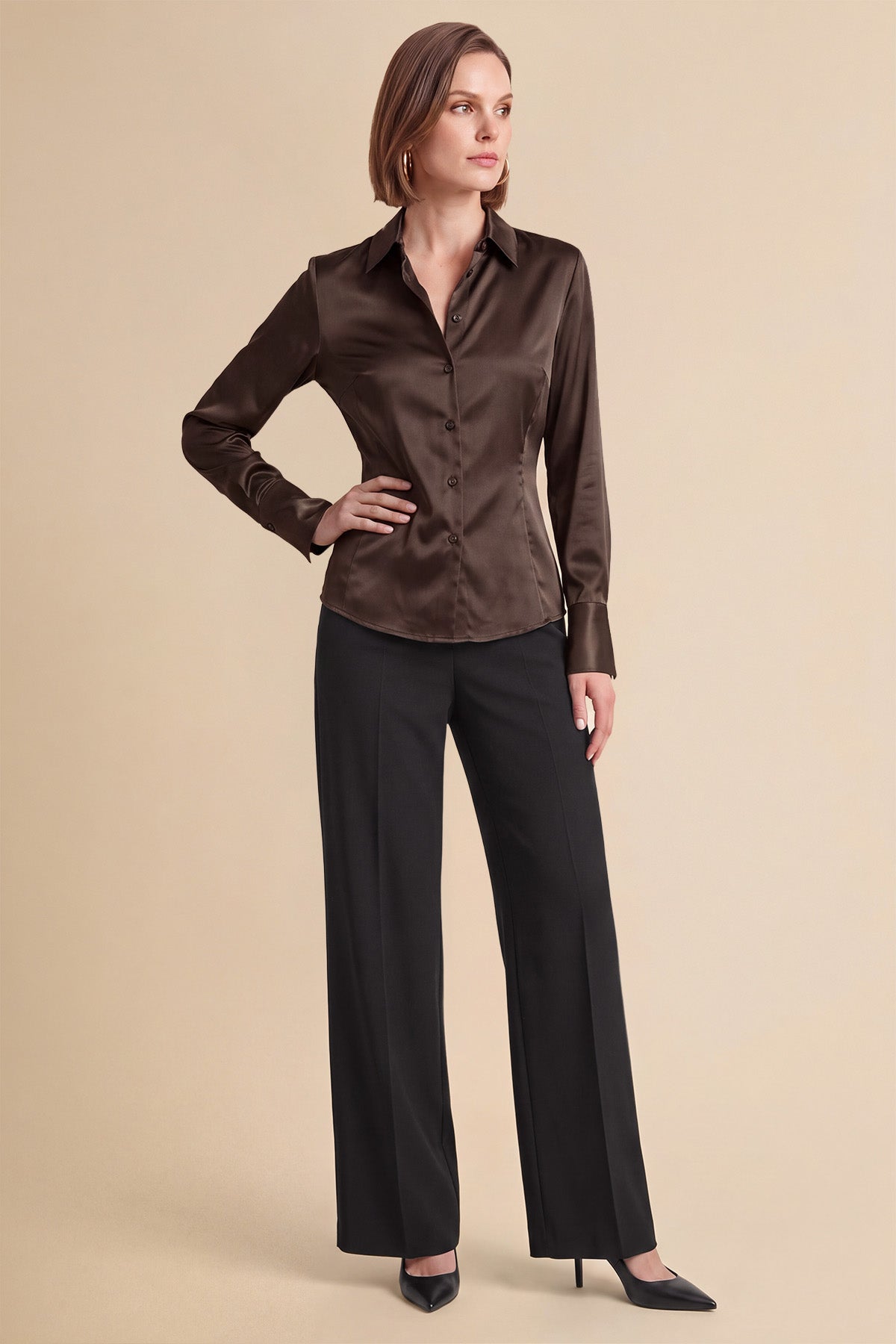 Womens Coffee Satin Button Down Shirt | CicyBell