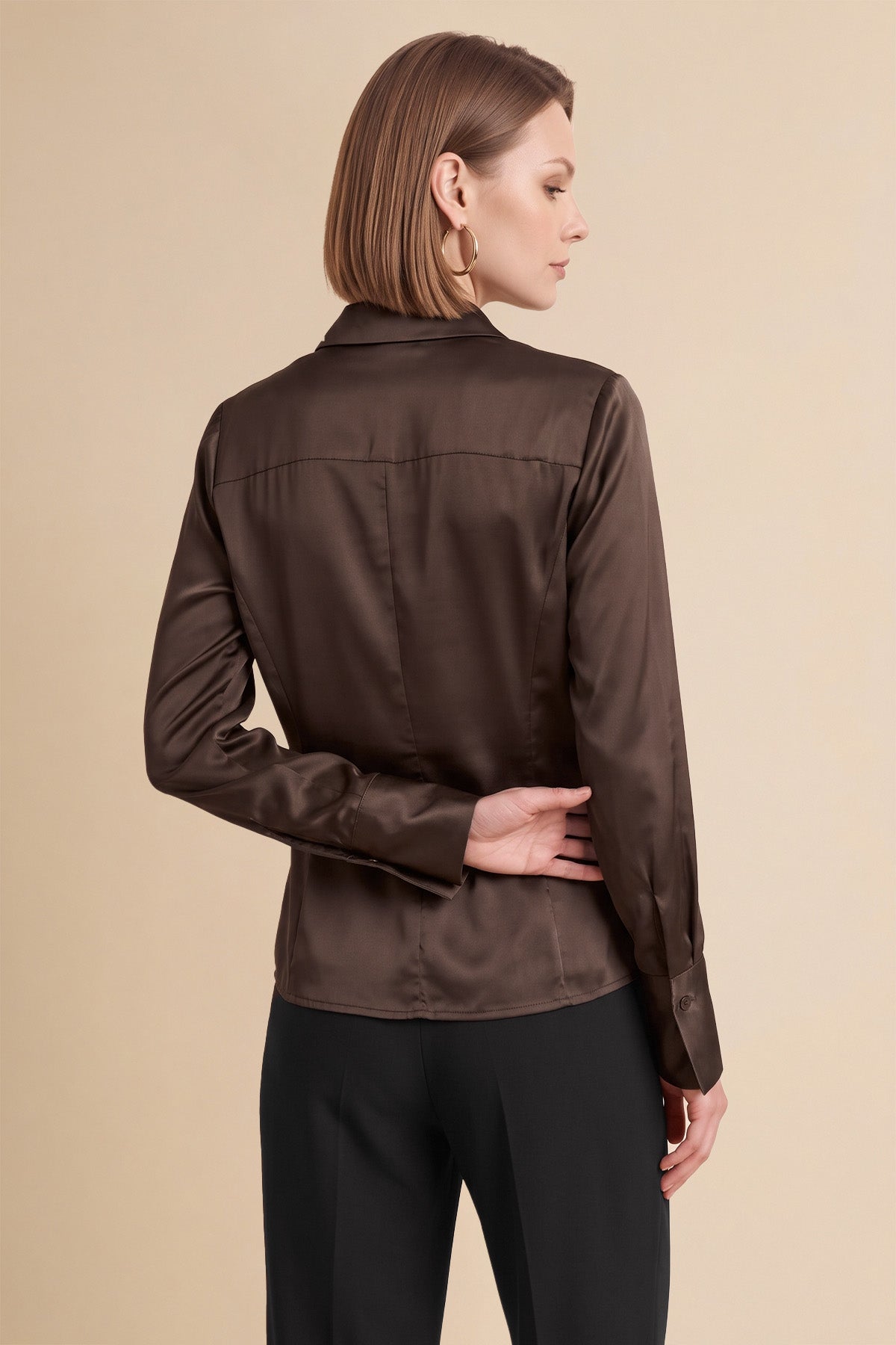 Womens Coffee Satin Button Down Shirt | CicyBell