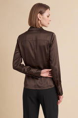 Womens Coffee Satin Button Down Shirt | CicyBell