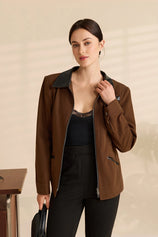 Womens Coffee Cropped Jackets Collared Coat | Cicy Bell