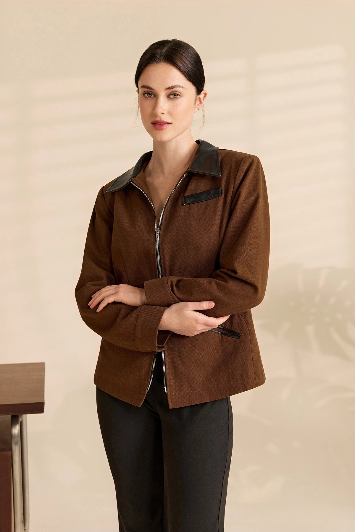 Womens Coffee Cropped Jackets Collared Coat | Cicy Bell