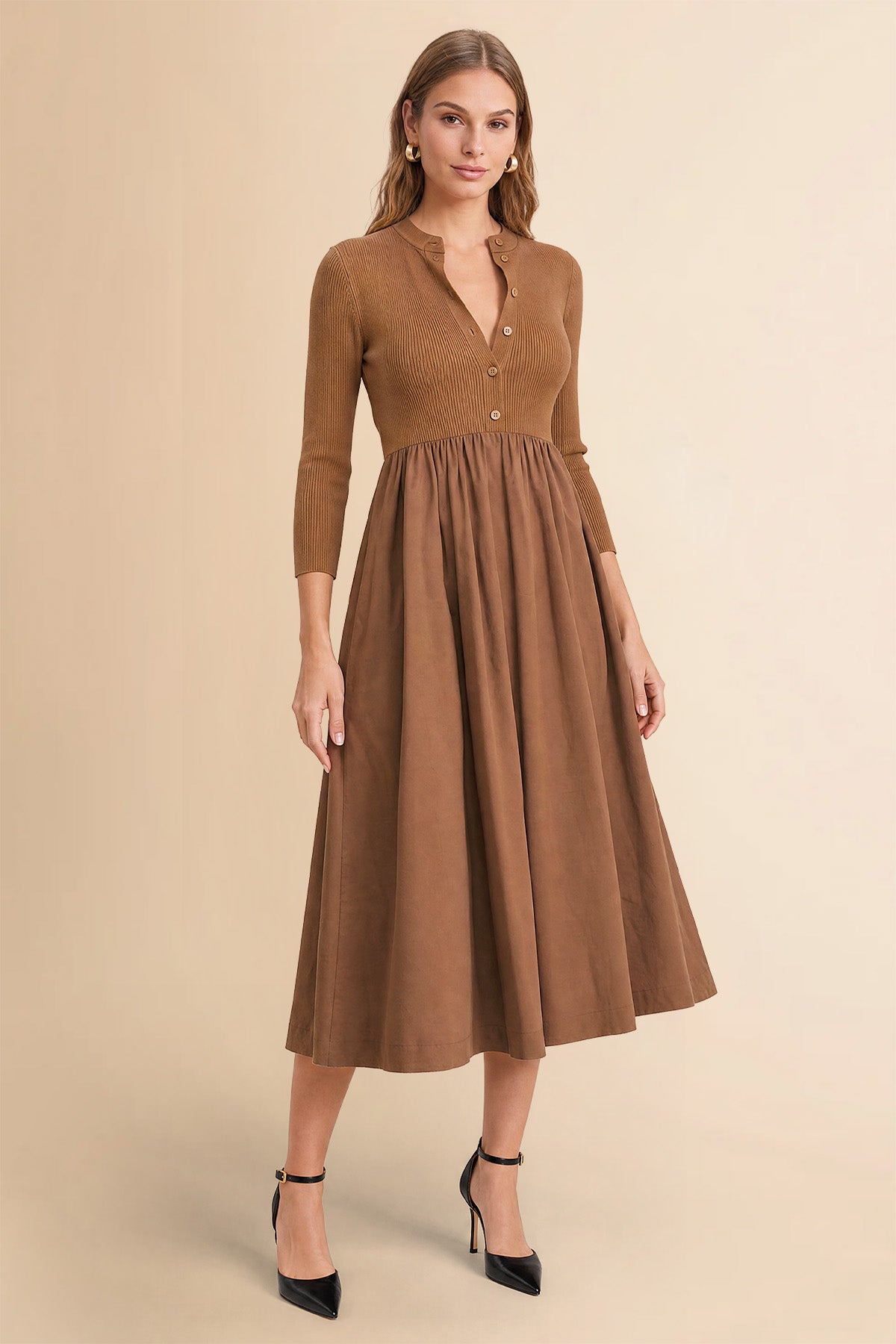 Womens Coffee Long Sleeve A-Line Midi Dress| CicyBell