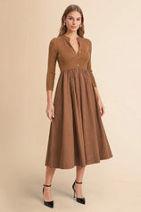 Womens Coffee Long Sleeve A-Line Midi Dress| CicyBell