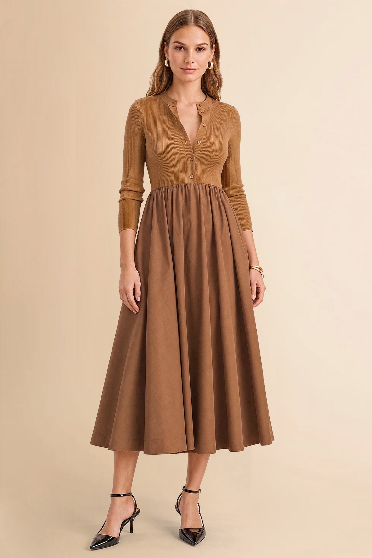 Womens Coffee Long Sleeve A-Line Midi Dress| CicyBell