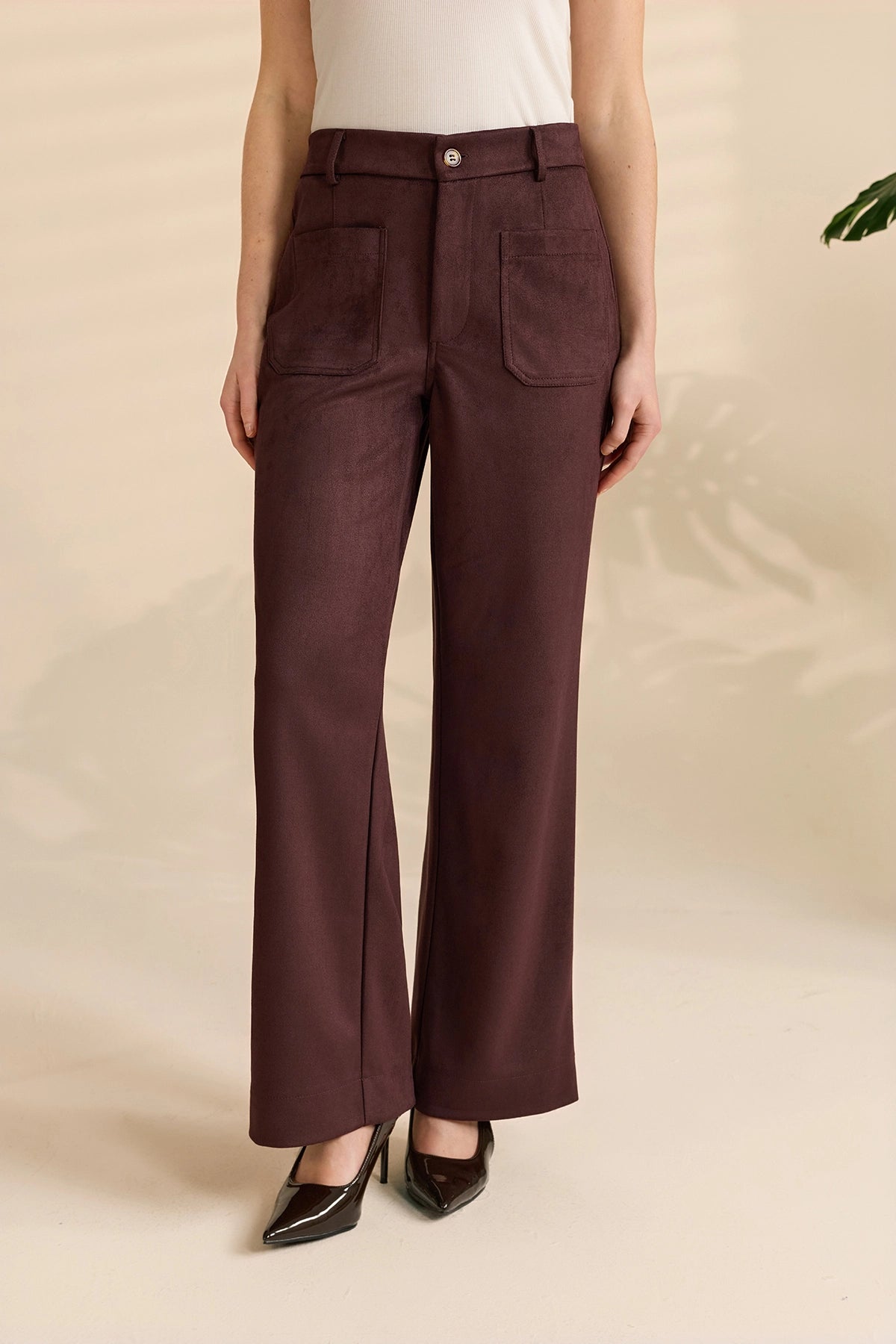 Womens Coffee Suede High Waisted Leg Casual Trousers | Cicy Bell