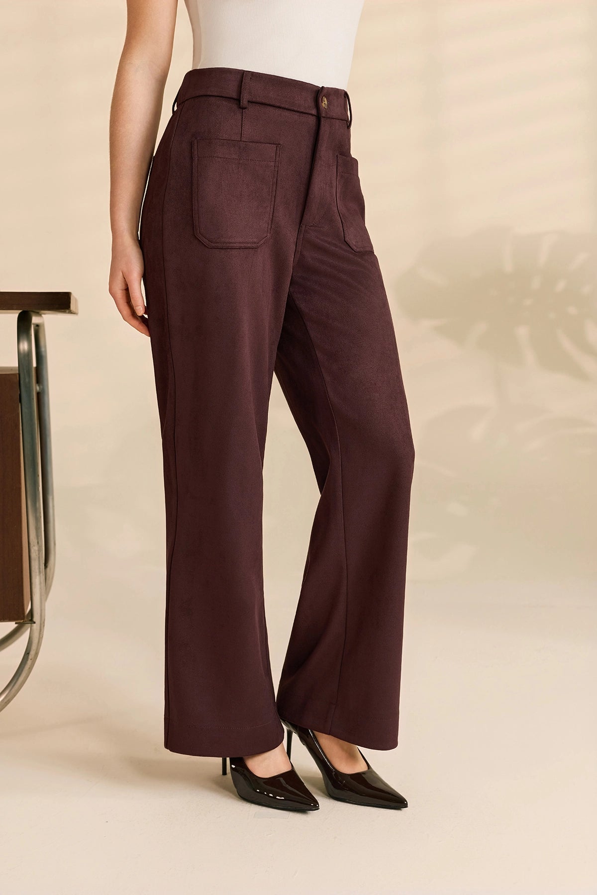 Womens Coffee Suede High Waisted Leg Casual Trousers | Cicy Bell