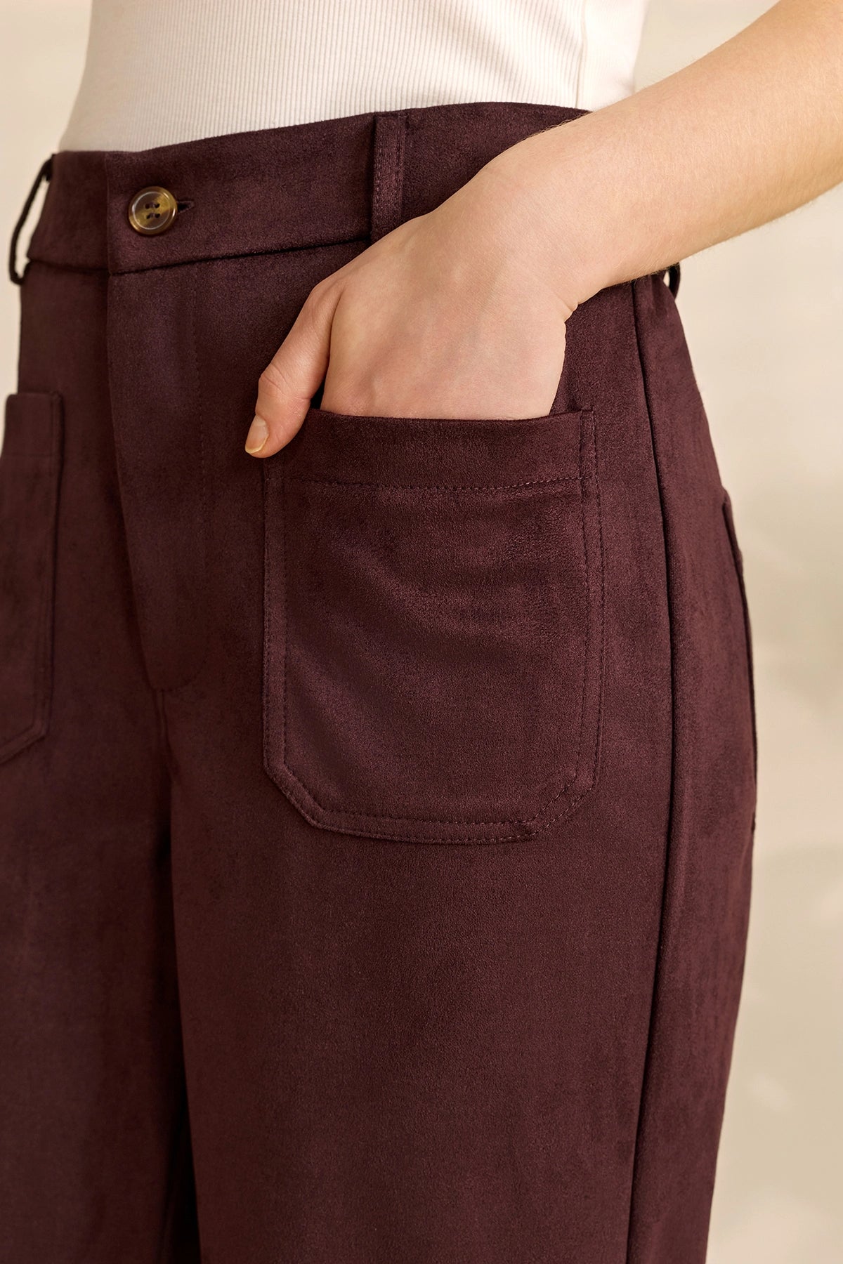 Womens Coffee Suede High Waisted Leg Casual Trousers | Cicy Bell