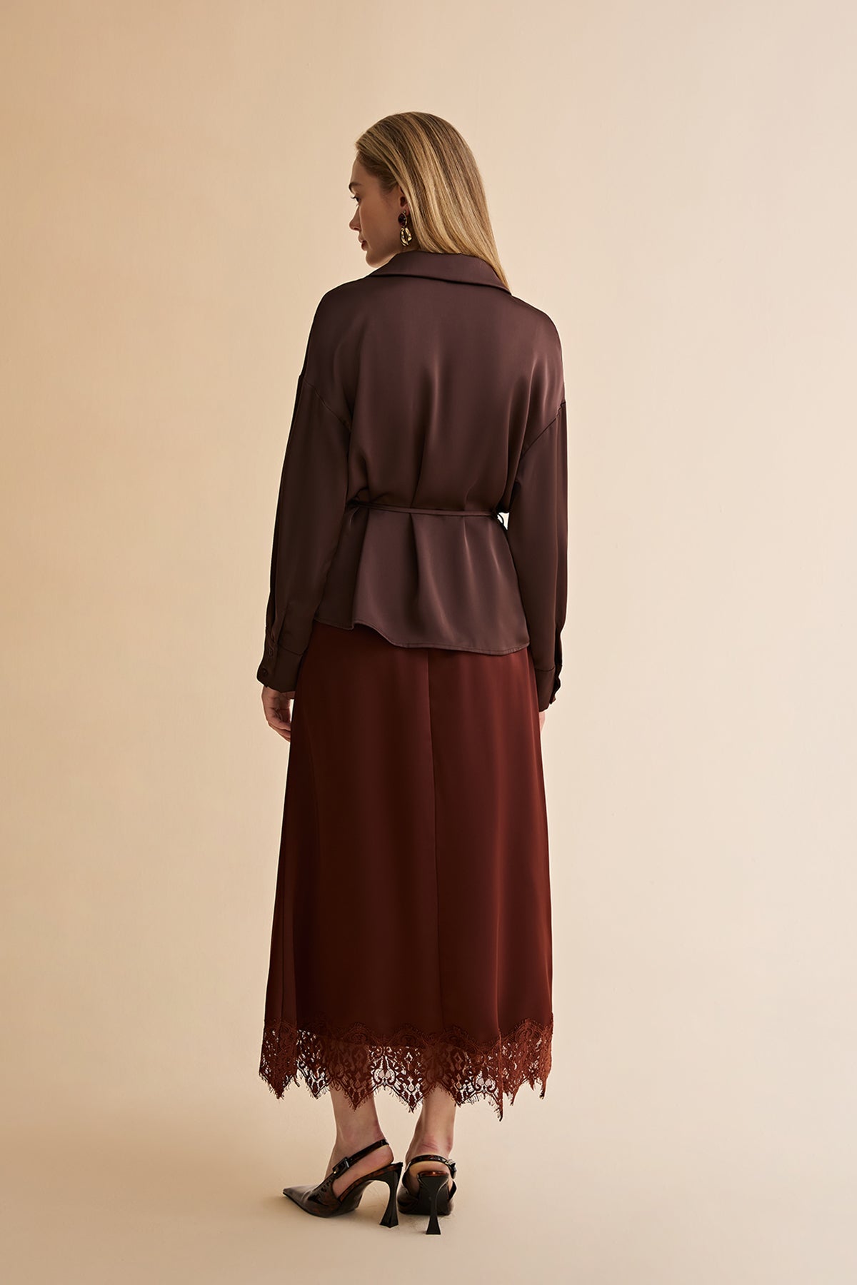 Womens Coffee Satin Button Down Shirts | CicyBell
