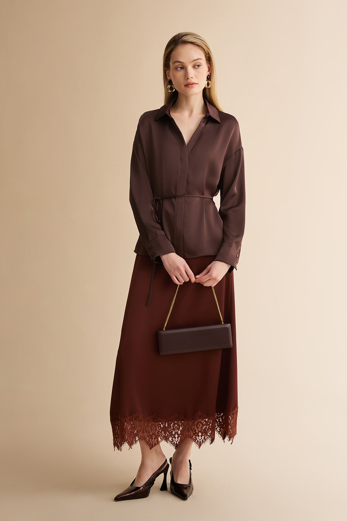 Womens Coffee Satin Button Down Shirts | CicyBell