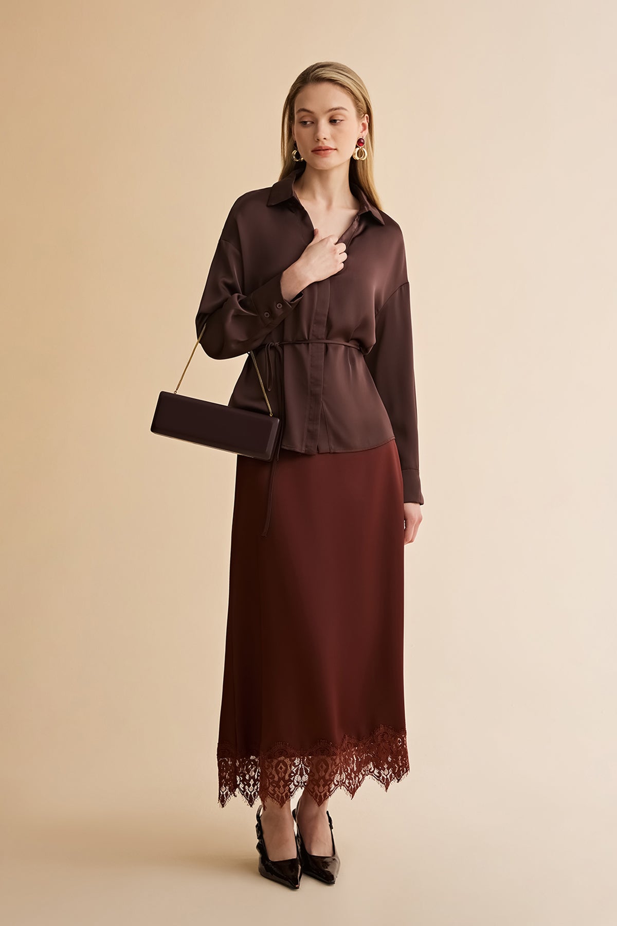Womens Coffee Satin Button Down Shirts | CicyBell