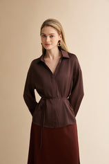 Womens Coffee Satin Button Down Shirts | CicyBell