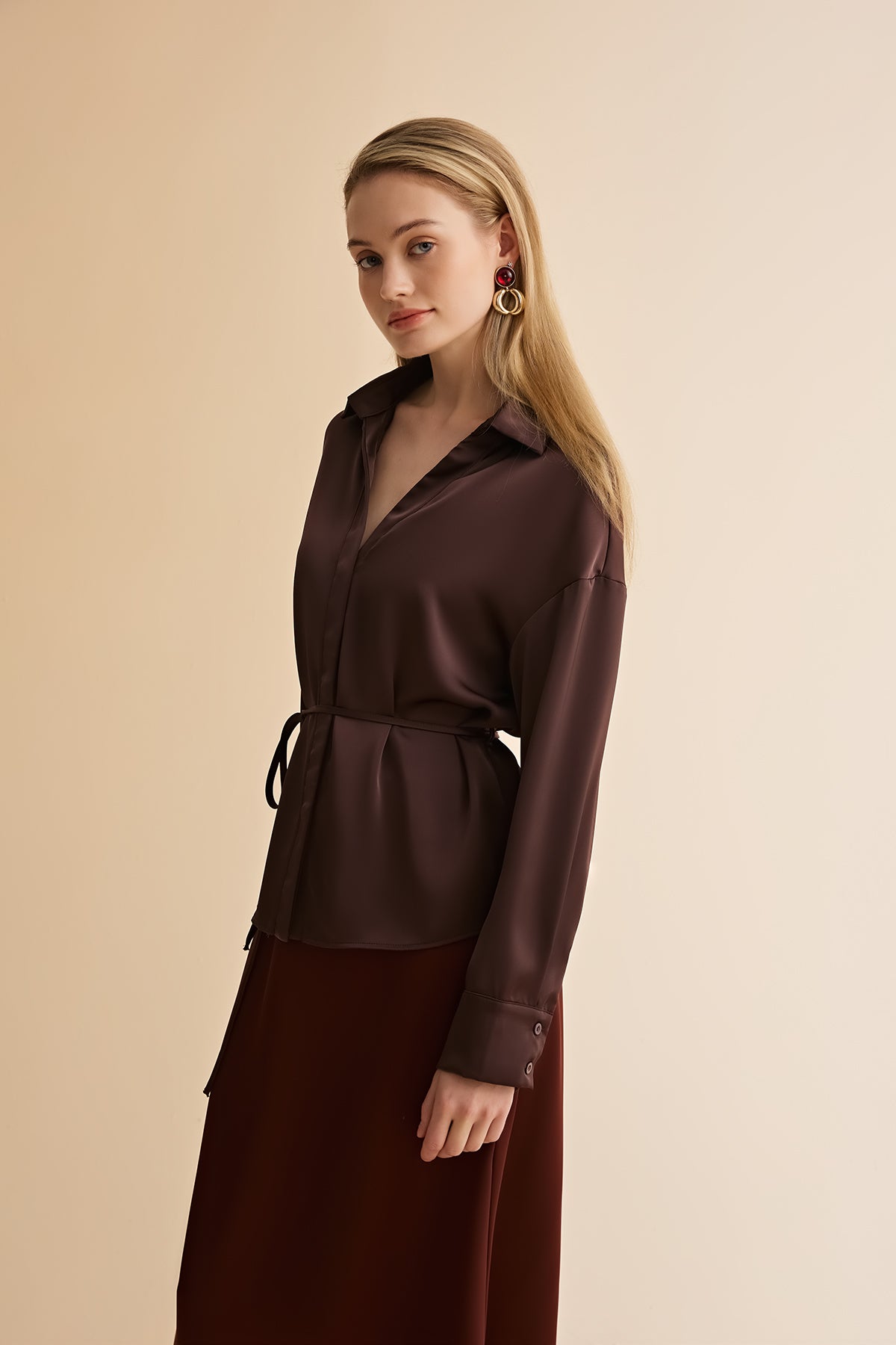 Womens Coffee Satin Button Down Shirts | CicyBell