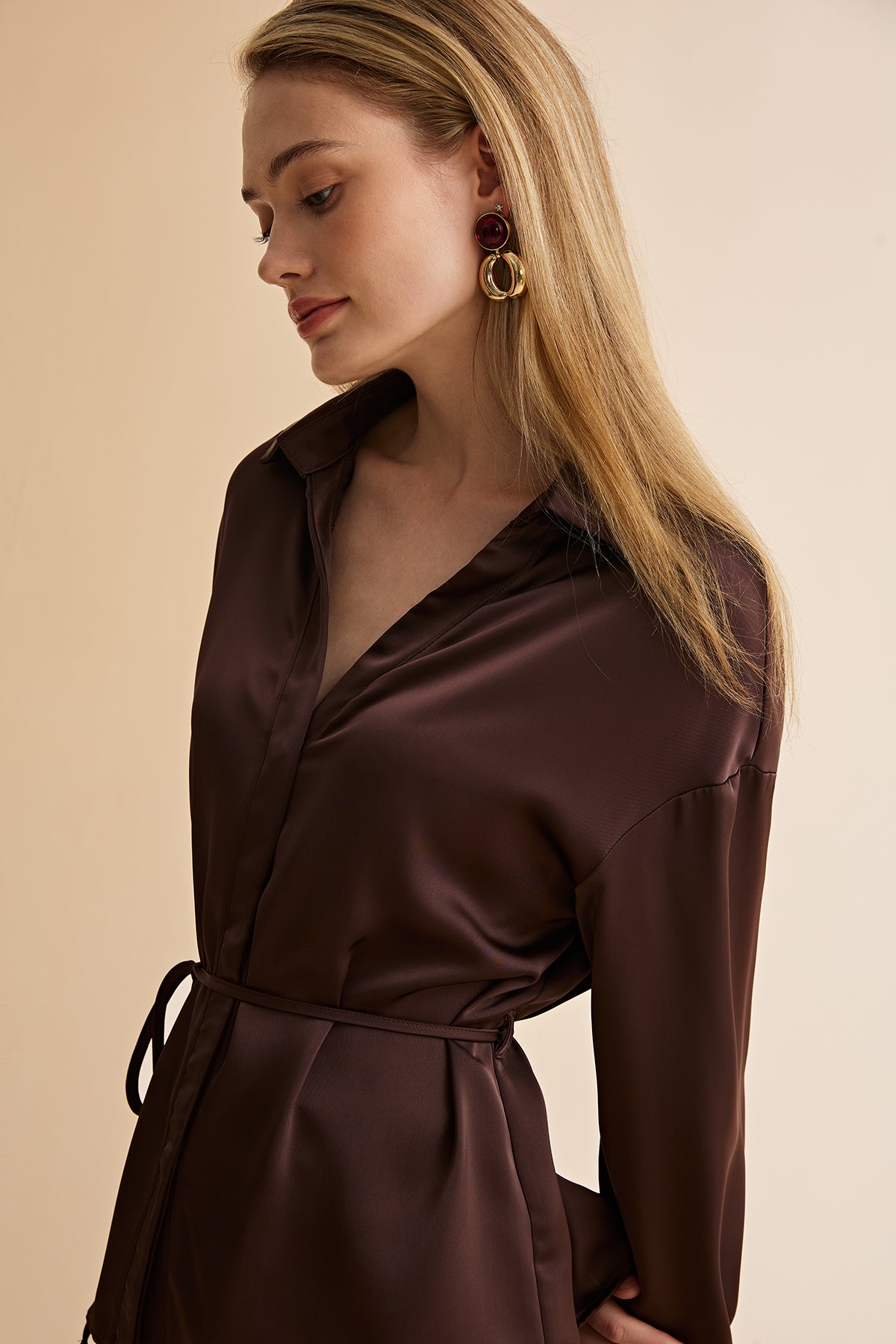 Womens Coffee Satin Button Down Shirts | CicyBell