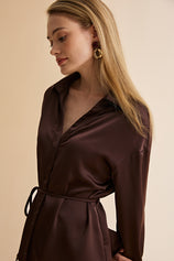 Womens Coffee Satin Button Down Shirts | CicyBell