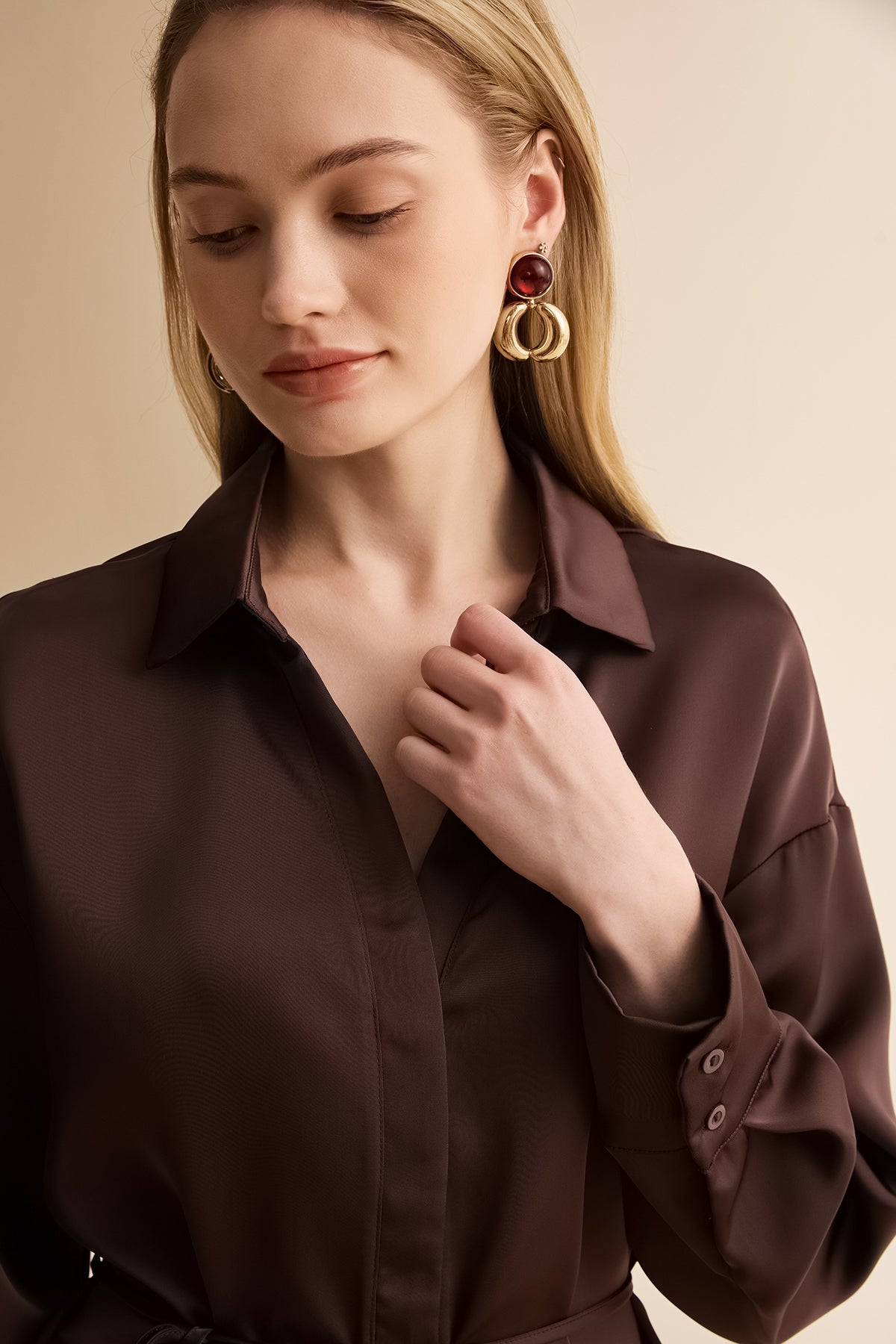 Womens Coffee Satin Button Down Shirts | CicyBell