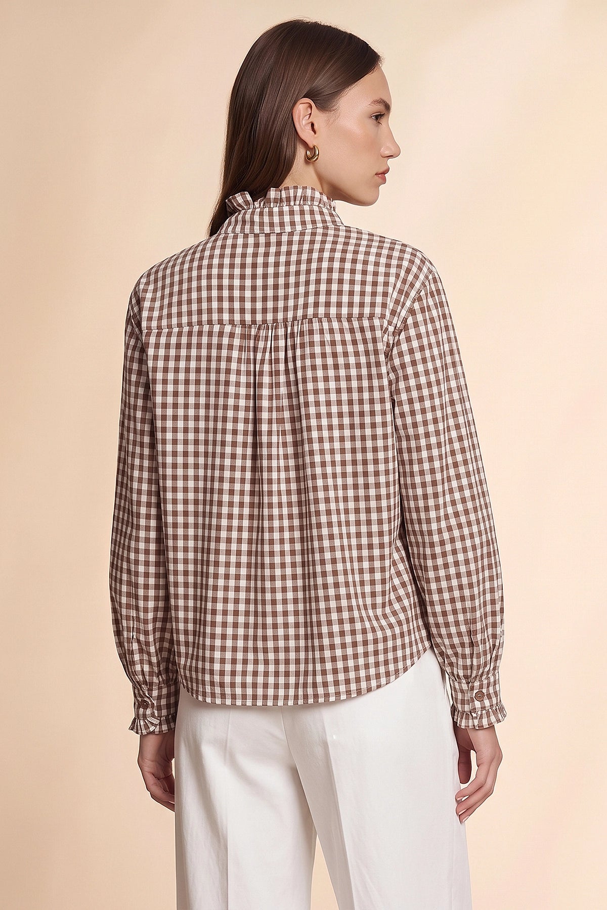 Womens Coffee Plaid Ruffle V-Neck Shirts | CicyBell