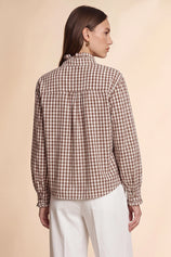 Womens Coffee Plaid Ruffle V-Neck Shirts | CicyBell