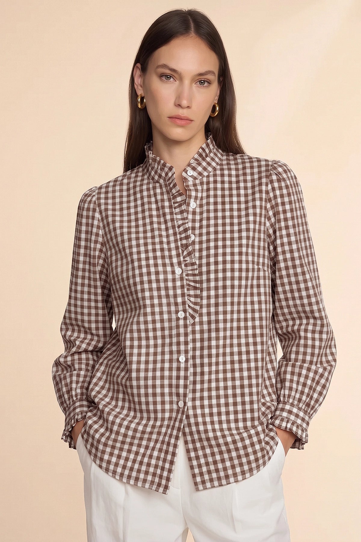 Womens Coffee Plaid Ruffle V-Neck Shirts | CicyBell