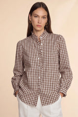 Womens Coffee Plaid Ruffle V-Neck Shirts | CicyBell