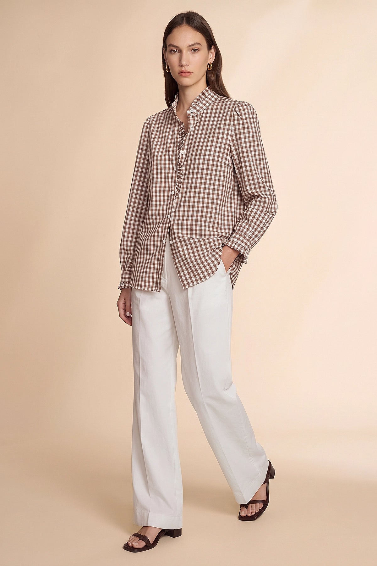 Womens Coffee Plaid Ruffle V-Neck Shirts | CicyBell