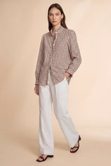 Womens Coffee Plaid Ruffle V-Neck Shirts | CicyBell