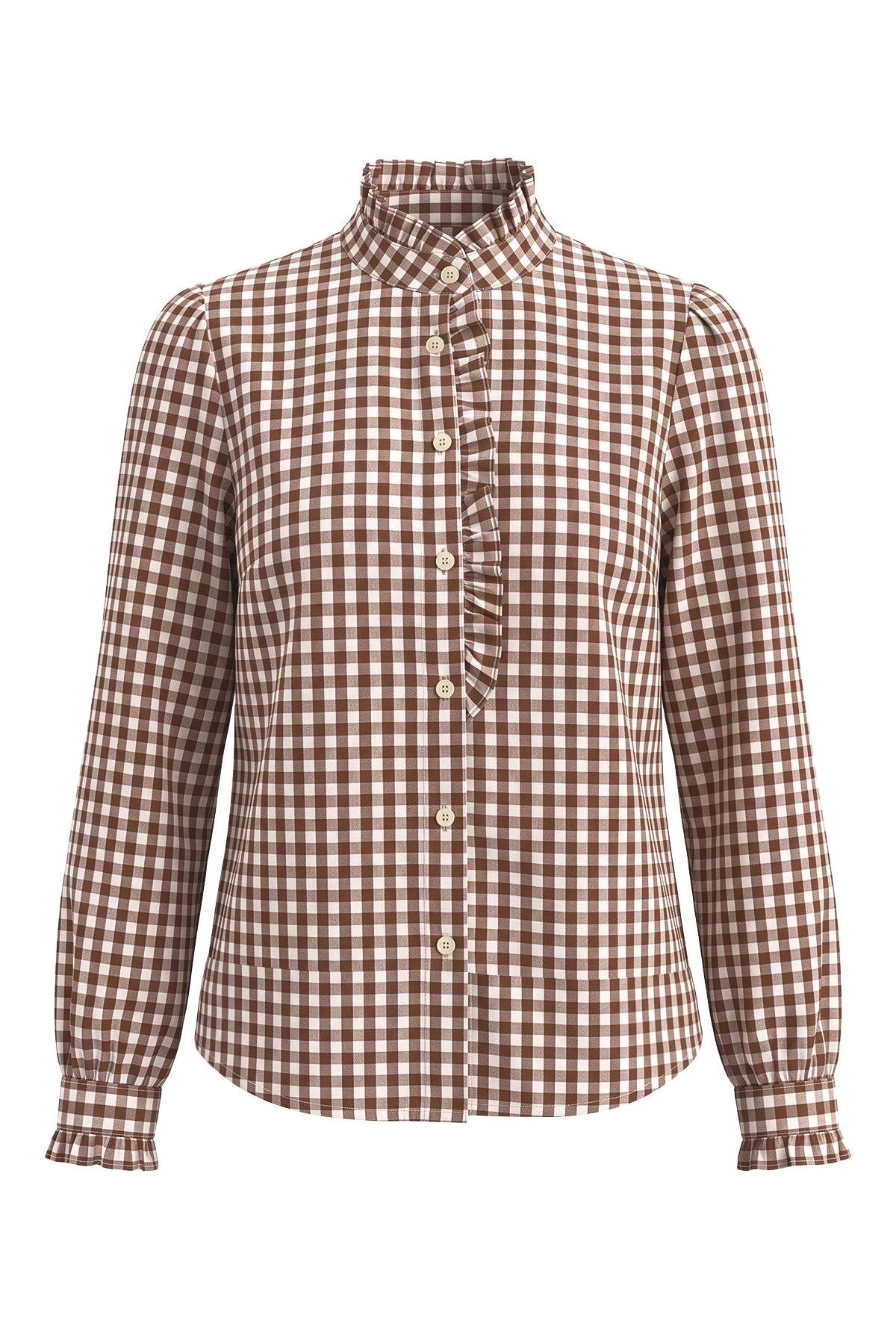 Womens Coffee Plaid Ruffle V-Neck Shirts | CicyBell