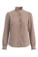 Womens Coffee Plaid Ruffle V-Neck Shirts | CicyBell
