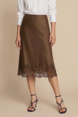 Womens Coffee Silk Satin Midi Skirts | CicyBell