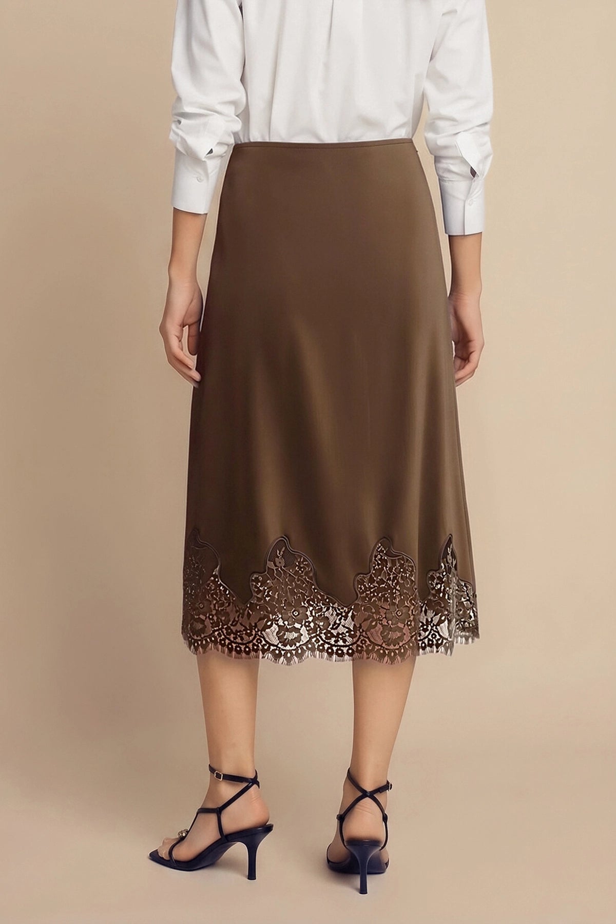 Womens Coffee Silk Satin Midi Skirts | CicyBell