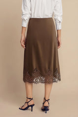 Womens Coffee Silk Satin Midi Skirts | CicyBell