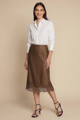 Womens Coffee Silk Satin Midi Skirts | CicyBell