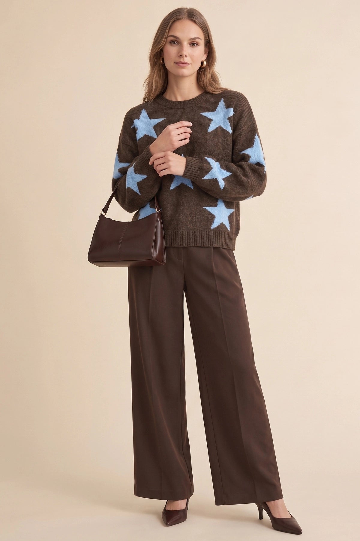 Womens Coffee Star Pattern Pullover Sweater | CicyBell