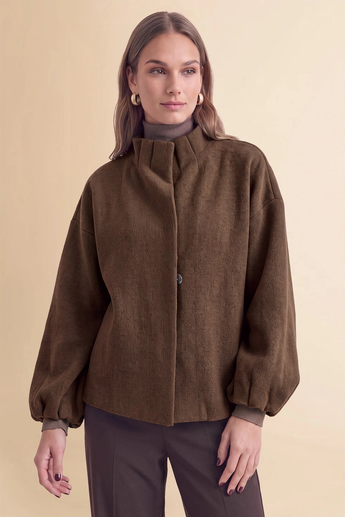 Womens Coffee Mock Neck Sweater Cardigan | CicyBell