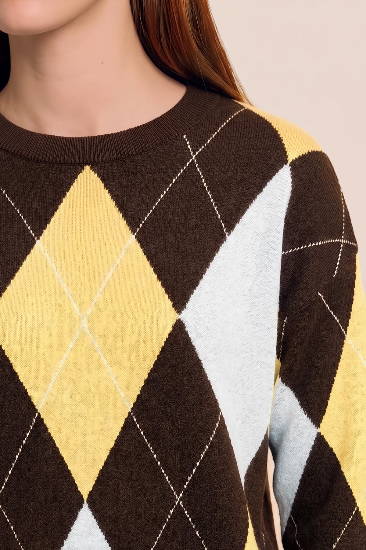 Womens Coffee  Crew Neck Argyle Sweater | CicyBell