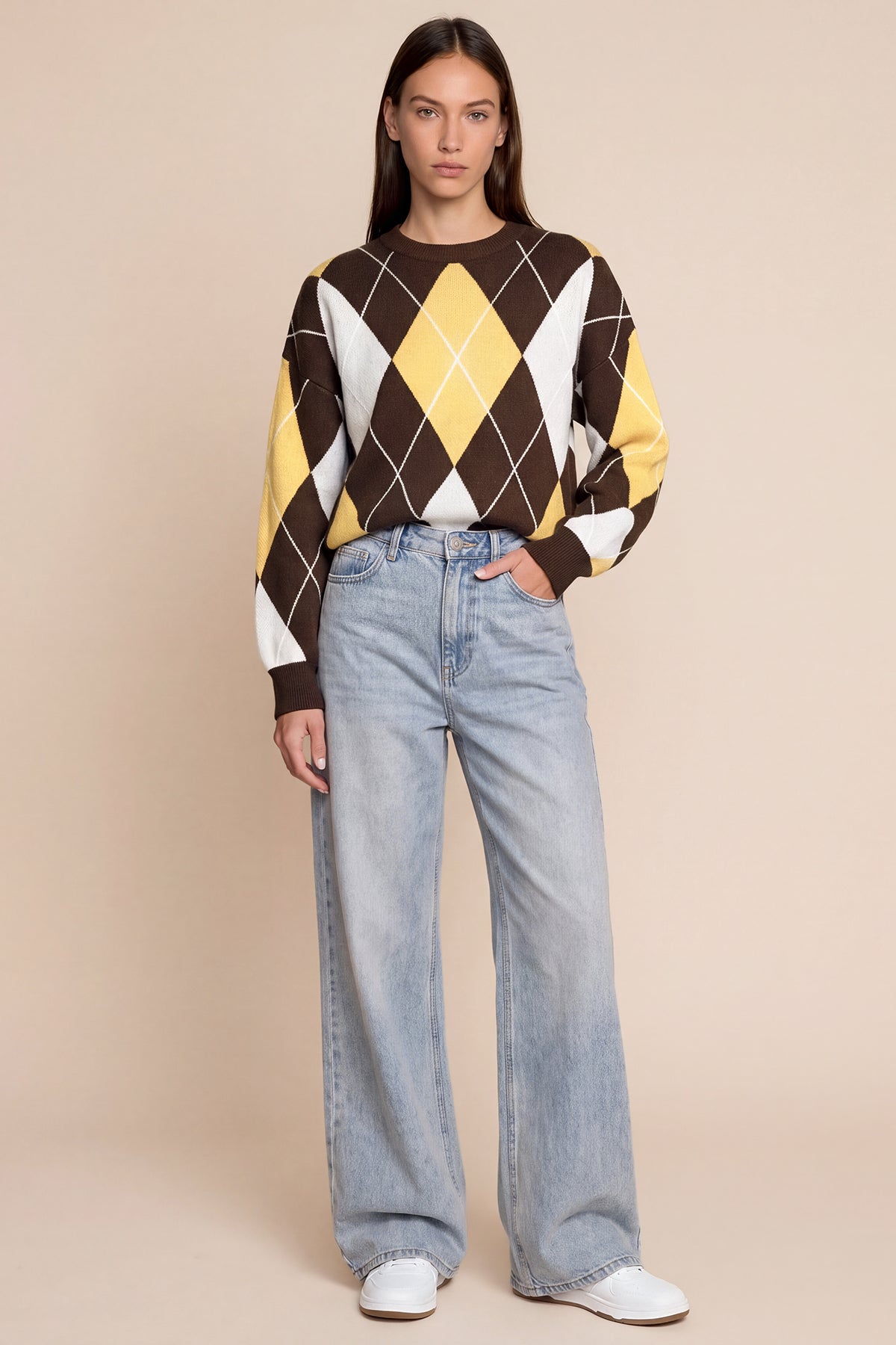Womens Coffee  Crew Neck Argyle Sweater | CicyBell