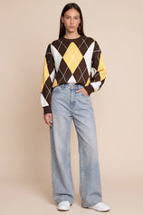 Womens Coffee  Crew Neck Argyle Sweater | CicyBell