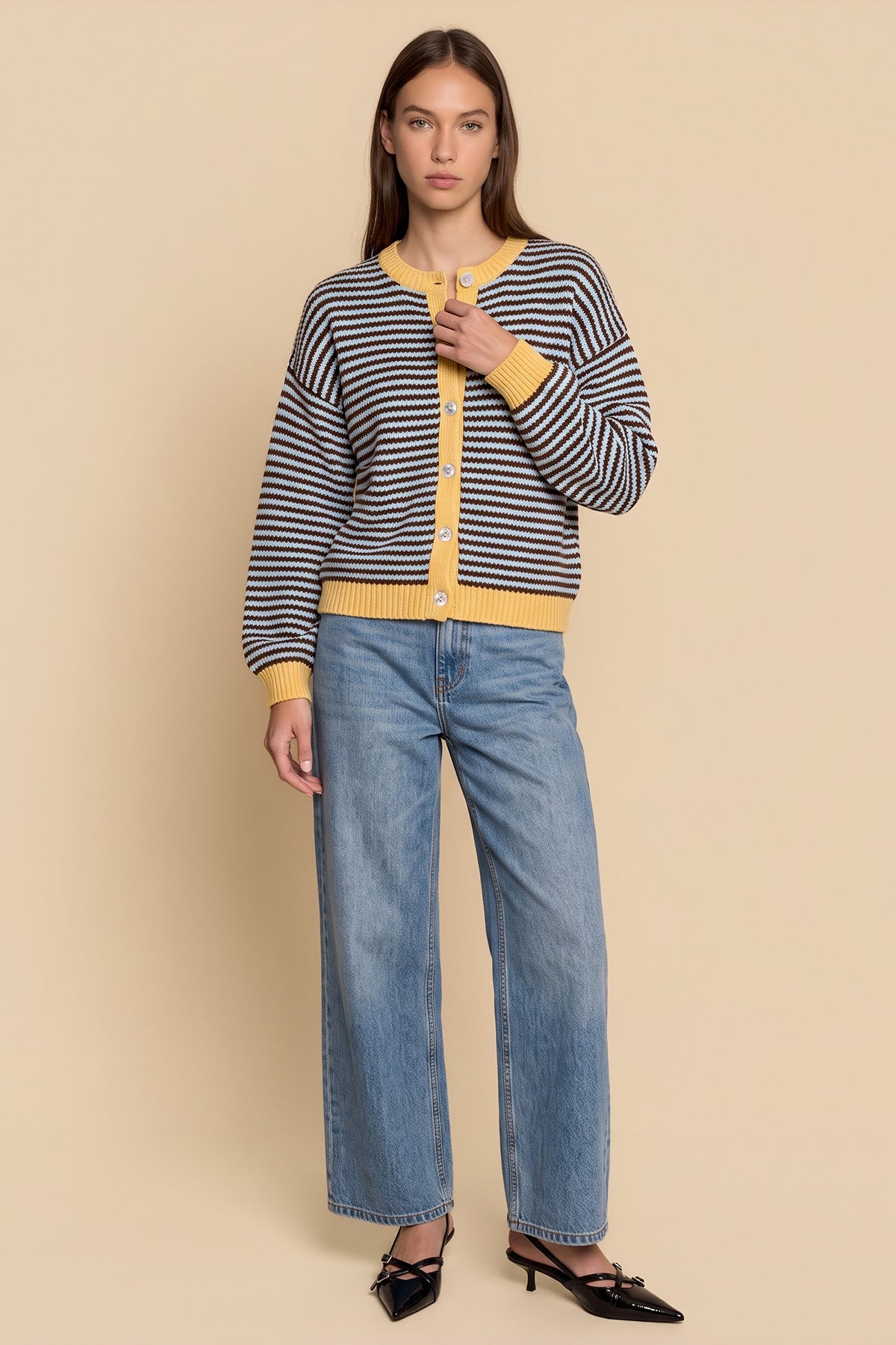 Womens Coffee Striped Cardigan Sweaters | CicyBell