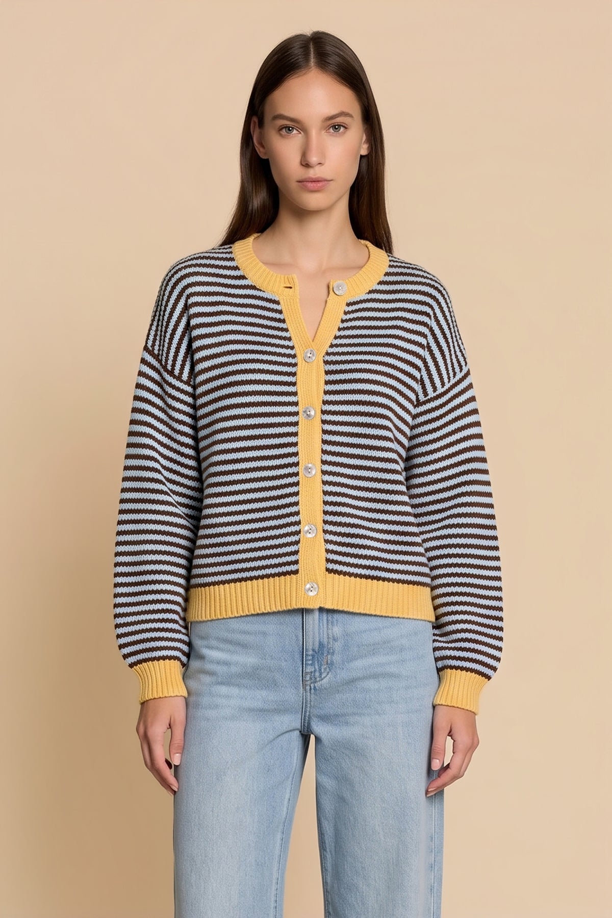 Womens Coffee Striped Cardigan Sweaters | CicyBell